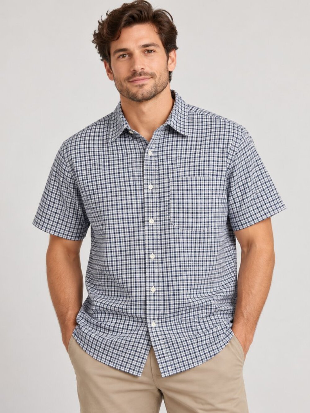 Old Navy Men's Blue White Plaid Short Sleeve Button Down Cotton Shirt Size XL
